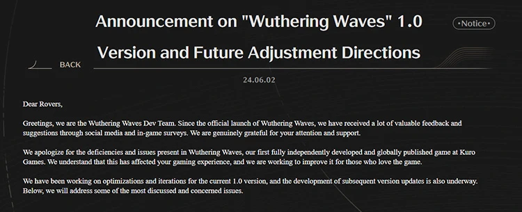 Kuro Games hé lộ các thay đổi của Wuthering Waves 1.1